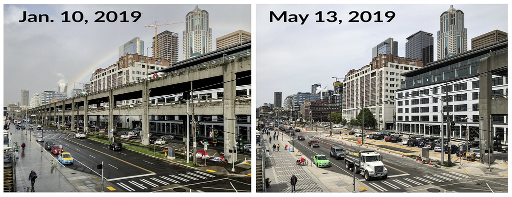 Two side-by-side images, one of the Alaskan Way Viaduct before demolition, and one after demolition.